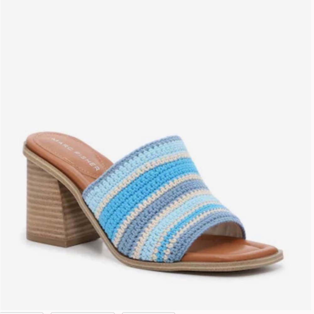 Marc Fisher Marnett Crochet Stripe Block Heel Sandals Blue Size 9
